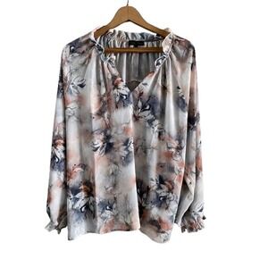 Bua Bua Floral Print V Neck Ruffle Long Sleeve Sheer Blouse Top Plus Size XXL